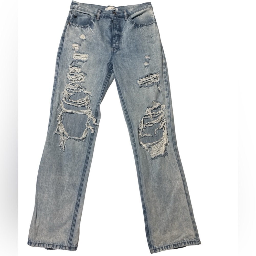 KanCan Distressed Light Blue Denim Jeans with Logo Accent. Size 27